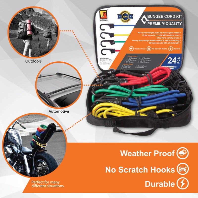Wellmax Premium Bungee Cord Set with Heavy Duty Hooks and Bonus Accessories - 32 Piece Assortment Bag for Cargo, Camping, and More - Image 5